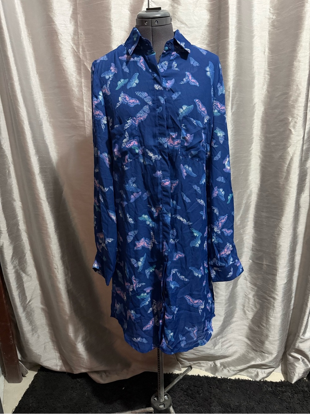 Daisy Fuentes Navy Blue Butterfly Print Midi Dress